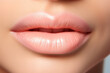 close up macro detail of womans lips with peach fuzz color lipstick, beauty shot