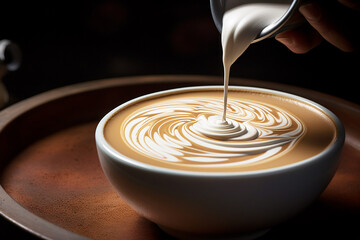 Close up cappuccino latte coffee cup with rich foam in warm light