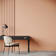 Workplace in Peach Fuzz 2024 color trend. Painted walls and rich furniture - chairs and table with lamp. Pastel painting background. Large home office or coworking center. 3d render