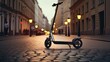 an electric scooter on the sidewalk near a road in the heart of the city, the essence of urban mobility in a minimalist and modern style