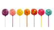 Set of realistic spiral striped colorful lollipops on plastic sticks isolated on transparent background