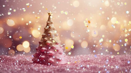 Wall Mural - Golden pink christmas tree and glitter bokeh background
