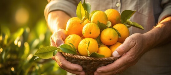 Sticker - Farmer holds ripe citrus fruits in hands, harvested during Mediterranean citrus season.