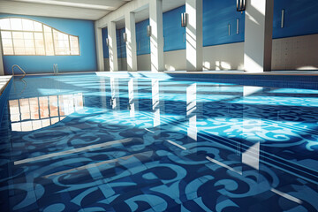 Empty, indoor swimming pool with transparent water