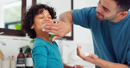 Poster - Father, child and shaving cream on face, learning to play or happy together in home bathroom. Kid, boy and dad apply foam, skincare or bonding in morning routine, facial cosmetics or cleaning hygiene