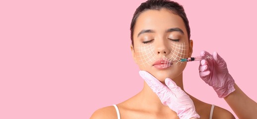 Poster - Young woman receiving filler injection in face against pink background with space for text. Skin care concept