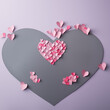 collage of pink paper cut hearts, making a large pink heart shape on a grey heart with a lilac background