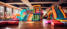 Colorful Indoor Children's Play Area With Inflatable Playground And Safety Net.