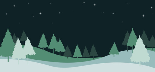 Wall Mural - Night view in a forest trees and starlight. Flat vector illustration.