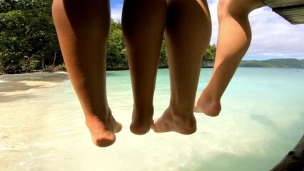 Poster - People, legs and dangle on pier, vacation and lake for adventure, fun and relaxing. Closeup, couple of friends on holiday, trip and Thailand with getaway for bond, support and care for relationship