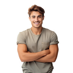 Poster - Positive expression of a casually dressed, self-confident and friendly man with crossed arms on transparent studio background.