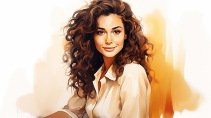 Smiling Adult Persian Woman with Brown Curly Hair Watercolor Illustration. Portrait of a Business person on minimalistic office background. Watercolor Drawing. Ai Generated Horizontal Illustration.