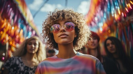 Young vibrant people in rainbow clothes on a pride event.