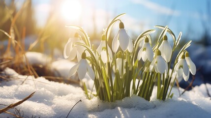 Canvas Print - A bunch of snowdrops are in the snow