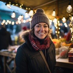 A woman in winter attire displays a pleasant smile with the festive glow of market lights in the background