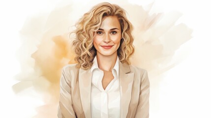 Wall Mural - Smiling Adult White Woman with Blond Curly Hair Watercolor Illustration. Portrait of a Business person on minimalistic office background. Watercolor Drawing. Ai Generated Horizontal Illustration.