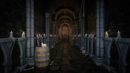 Wall Mural - Dark grungy corridor leading to a closed wooden door in a medieval dungeon. 3D rendering.