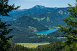 Stunning view of Erlauf lake and Dürrenstein peak from Bürgeralpe near Mariazell on a sunny summer day with blue sky cloud, Styria, Austria