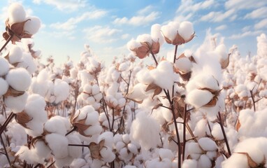 Cotton field plantation , close-up of a box of high-quality cotton against a blue sky.