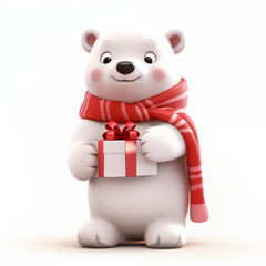 Sticker - White cute polar bear cub in warm knitted scarf with red present box isolated on white background. Merry Christmas and happy New Year. Character 3d illustration for card, banner, poster, flyer design