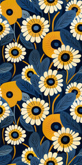 Wall Mural - Seamless Floral Pattern with simple white and yellow flowers and blue leaves. Vertical Repeating Background in painting style. For graphic design, print, card, paper, wallpaper, postcard