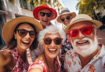 Happy group of senior people taking selfie and smiling at the camera on summer vacation.