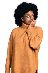 Sticker - Young african american woman wearing casual clothes looking stressed and nervous with hands on mouth biting nails. anxiety problem.