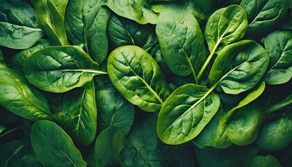 Top view on fresh organic spinach leaves. Healthy green food and vegan background. 