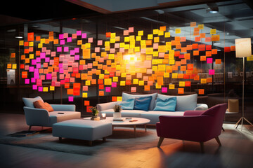 Poster - A dedicated brainstorming area with writable walls and colorful post-it notes, encouraging creativity and ideation among team members. Concept of collaborative brainstorming. Generative Ai.