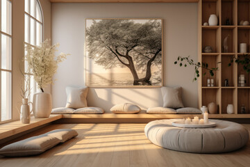 Poster - a meditation room in the office, promoting mindfulness and mental well-being as part of the workplac