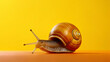 A funny snail on a bright yellow background, as if in a photo studio