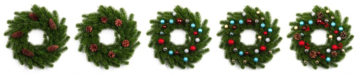 Wall Mural - isolated christmas wreath and gold red blue silver balls on white