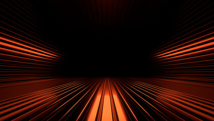 Fototapete - Sci Fi neon glowing lines in a dark tunnel. Reflections on the floor and ceiling. 3d rendering image. Abstract glowing lines. Technology futuristic background.