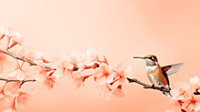 A Hummingbird Sitting On A Branch Of A Cherry Tree. Monochrome Peach Fuzz Background.