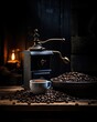 A coffee grinder is next to a bowl of coffee beans. Generative AI.