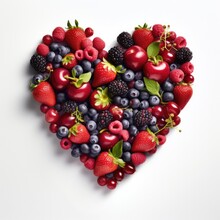 A Heart Shaped Arrangement Of Berries And Blueberries. Generative AI.