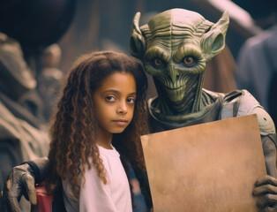 A young girl holding a sign next to an alien. Generative AI.