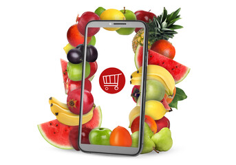 Sticker - Online purchases. Shopping cart icon and different fruits coming out of smartphone screen on white background