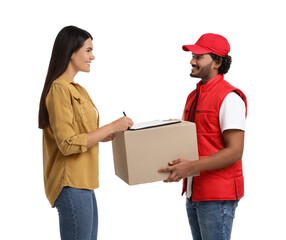 Poster - Smiling woman signing order receipt on white background. Courier delivery