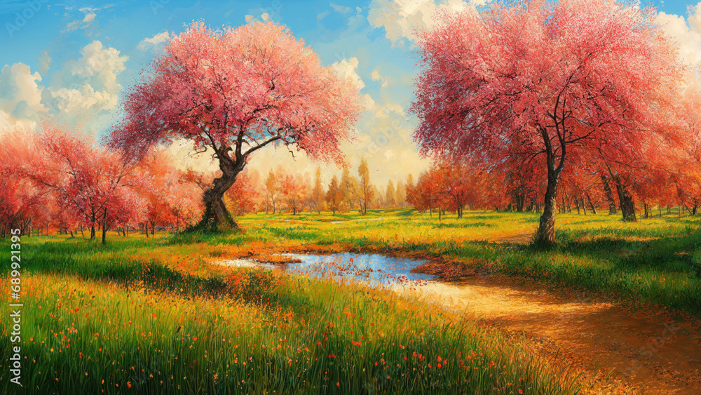 Tranquil park with pretty pink cherry blossom trees and a small pond ...