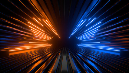 Fototapete - Sci Fi neon glowing lines in a dark tunnel. Reflections on the floor and ceiling. 3d rendering image. Abstract glowing lines. Technology futuristic background.