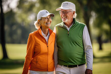 Elderly gray haired retired couple wearing golf clothes smile while walking on the course