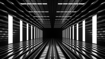 Wall Mural - Sci Fi neon glowing lines in a dark tunnel. Reflections on the floor and ceiling. 3d rendering image. Abstract glowing lines. Technology futuristic background.