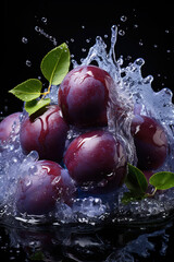 Wall Mural - Blue plums are a beautiful picture. Plums in splashes of water. Generative AI.