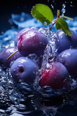 Wall Mural - Blue plums are a beautiful picture. Plums in splashes of water. Generative AI.