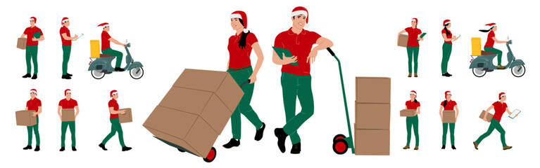 Poster - Set of delivery male and female workers in Santa hat holding boxes with a clipboard. Warehouseman wearing Christmas hats with cargo carts. Vector illustration isolated on white