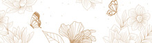 Background Design Of Beautiful Line Arts Flower And Butterflies. Natural Background Design In Modern Style.