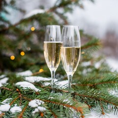 Two glasses of champagne new year eve celebration christmas toast cheering winter season holidays