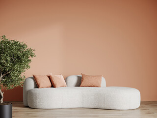 Wall Mural - Lounge in peach fuzz 2024 color year. Blank empty warm room interior. Design in minimal luxury style living or reception. White sofa and accent painted beige wall. Modern interior design. 3d render 