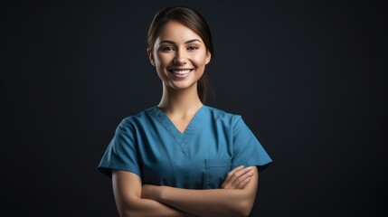 Wall Mural - A Beautiful female nurse smiling with arms crossed looking at camera, side view, half body shot, black isolated background